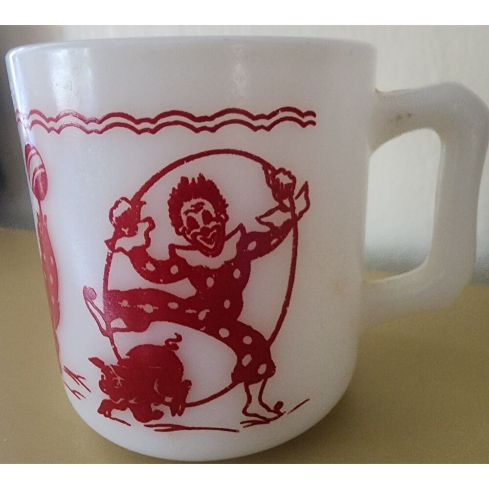 Vintage Hazel Atlas Mug Cup Circus Clowns Milk Glass Childs Kids Pig Seal Donkey